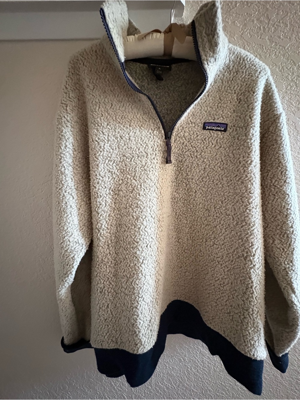 Patagonia Men’s Cream Sherpa Zip Pullover with Navy Trim